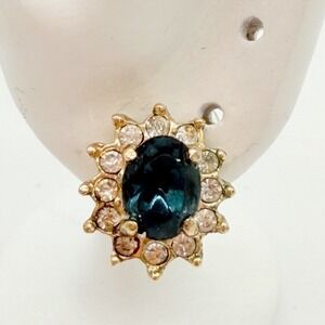 Vintage Gold-Tone Oval Blue‎ Rhinestone & Clear Crystal Halo Stud Earrings